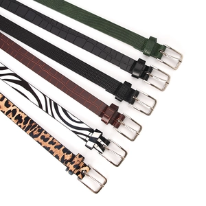 Slim women's belts in leopard, zebra, and faux leather patterns with silver square buckles