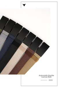 Detail view of multi-color automatic buckle canvas belts in seven classic durable shades