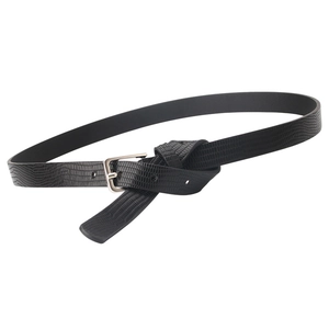 Men's black lizard pattern leather belt with a classic silver metal pin buckle