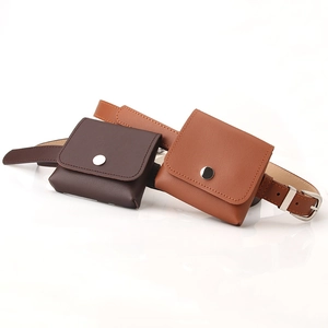 Fashionable mini leather waist bag for women in brown and caramel with adjustable belt