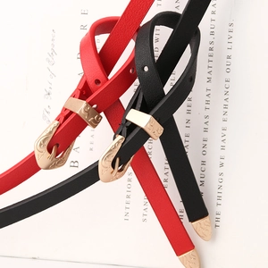 Three-piece set of thin women's belts with vintage floral buckle in red and black