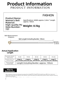 Size chart showing dimensions for women's heart buckle PU leather belt 105cm by 3.4cm