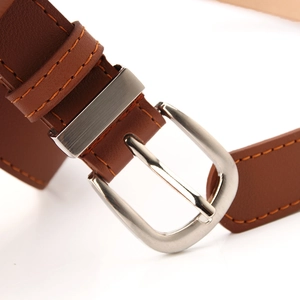 Brown leather waist belt bag with silver metal buckle and orange stitching for women