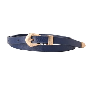 Navy blue matte PU leather belt for women with rose gold engraved floral buckle set