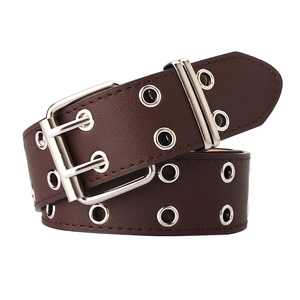 Ceinture punk marron foncé avec œillets doubles et boucle à double ardillon argentée