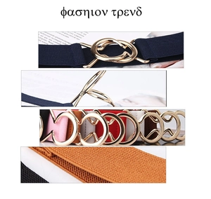 Close-up of interlocking gold buckle on high-elasticity woven waist belt for dresses