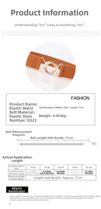 Size chart showing 3.8cm width and 71cm length of the elastic waist belt with gold buckle