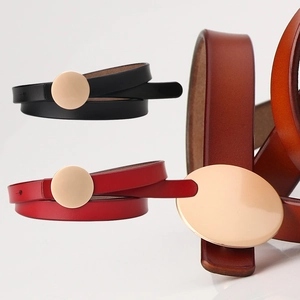 Elegant thin leather waist belts for women in black red and brown with gold alloy buckles