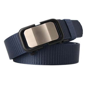 Men's navy blue nylon belt with brushed metal automatic buckle on white background