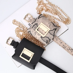 Women Fashion PU Leather Waist Bag With Detachable Belt Metal Square Buckle Decoration Gold Chain Mini Pouch Versatile Daily Shoulder Bag