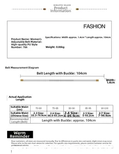 Tableau des tailles avec largeur 1.4cm et longueur 104cm pour ceinture réglable en PU