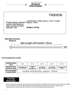 Guide des tailles détaillé pour ceinture femme en PU de 2,4 cm de large et 105 cm