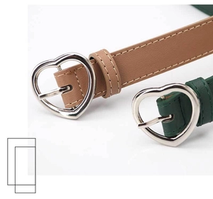 Detail showing brown and green leather belts with silver heart-shaped metal buckles