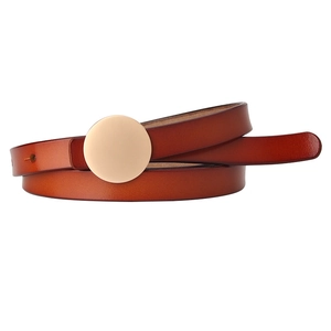 Elegant slim brown genuine leather belt for women with a round gold metal buckle