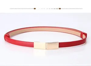 Détail d'une fine ceinture en cuir rouge avec une boucle métallique rectangulaire dorée