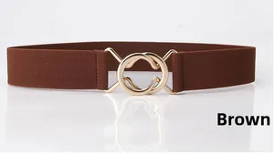 Detailed macro view of the coffee brown elastic belt with golden interlocking buckles