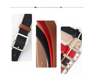 Detail of slim faux leather belts with light gold square buckles in multiple colors