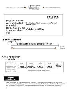 Detailed size chart for 1.4cm wide PU leather belt showing 104cm length and waist fit