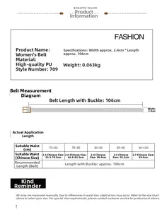 Size chart showing 2.4cm width and 106cm length for minimalist women's PU leather belt