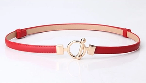 Detail of red slim belt with circular gold metal buckle for women dresses