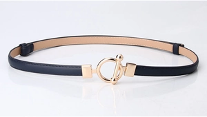 Detail view of navy blue skinny belt with golden ring T-bar buckle and beige inner lining