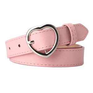 Pink faux leather skinny belt for women featuring a silver heart-shaped metal buckle