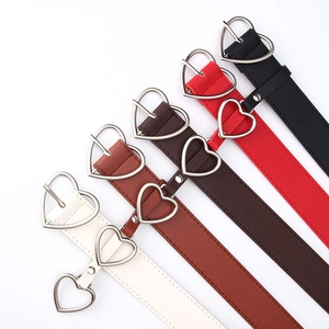 Women's minimalist heart buckle belts in black, brown, red, coffee, and white PU leather