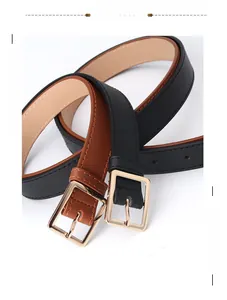 Detailed view of black and caramel slim PU leather belts with golden square buckles