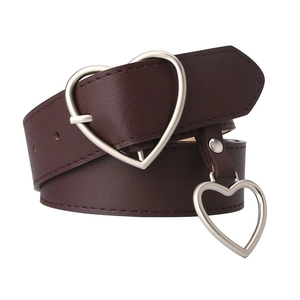 Fashionable dark brown leather belt with silver heart buckle and heart pendant decoration
