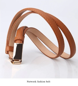 Gros plan sur une ceinture fine en cuir marron avec boucle rectangulaire dorée polie