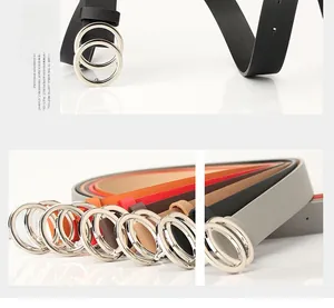 Detail of minimalist women's thin belts with silver double ring buckles in various colors
