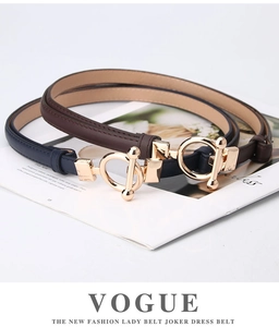 Detail of dark brown and navy slim belts with golden round buckles on a magazine