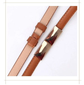 Détail d'une fine ceinture en cuir marron avec une boucle rectangulaire en métal doré