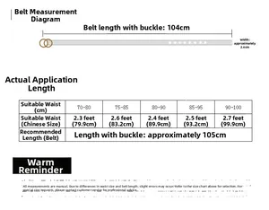 Size chart for 2.6cm wide leather belt showing 104cm length and waist measurements
