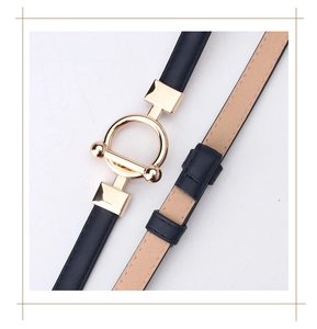 Detailed close-up of a slim black leather belt featuring a polished gold horseshoe buckle