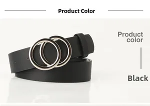 Detail view of the black leather belt featuring a minimalist double ring metal buckle