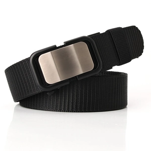 Men's black nylon tactical belt with brushed metal buckle on a white background
