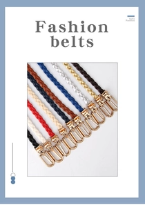 Close-up of multicolored braided waist belts with polished gold U-shaped buckles