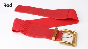 Detailansicht eines roten elastischen Taillengürtels mit großer goldener Schnalle und Ösen