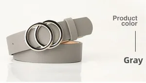 Detailed view of women's gray faux leather belt featuring a silver double ring metal buckle