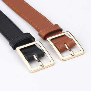 Women's Fashion PU Leather Belt With Polished Gold Square Buckle Versatile Thin Waist Strap For Jeans Dresses Daily Decoration
