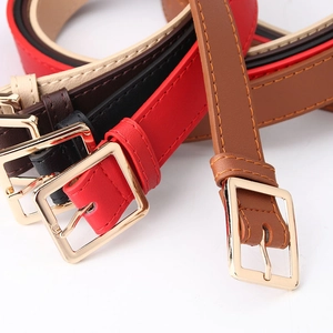 Minimalist women's thin PU leather belts in multiple colors with golden square buckle