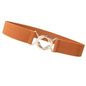 Caramel brown elastic waist belt for women with interlocking gold double ring buckle