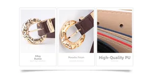 Close-up of golden alloy buckle and textured brown PU leather belt for women