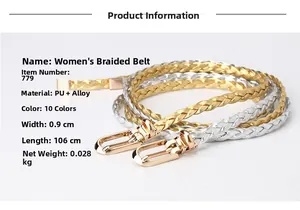Detail showing 0.9cm braided PU leather belt texture with gold and silver alloy buckles