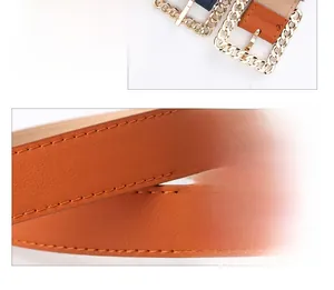 Detailansicht brauner PU-Ledergürtel mit luxuriöser goldener Kettenschnalle für Damen