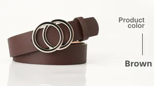 Detail view of coffee brown lychee grain leather belt with double silver ring buckle