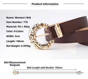 Detail view of brown PU leather belt with irregular vintage style metal buckle