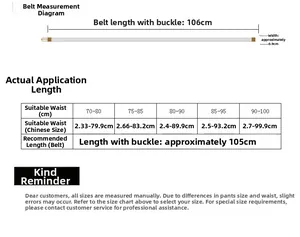 Size chart showing thin woven belt length of 106cm and waist conversion table