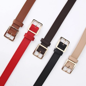 Five minimalist women's leather belts with square gold buckles in assorted colors